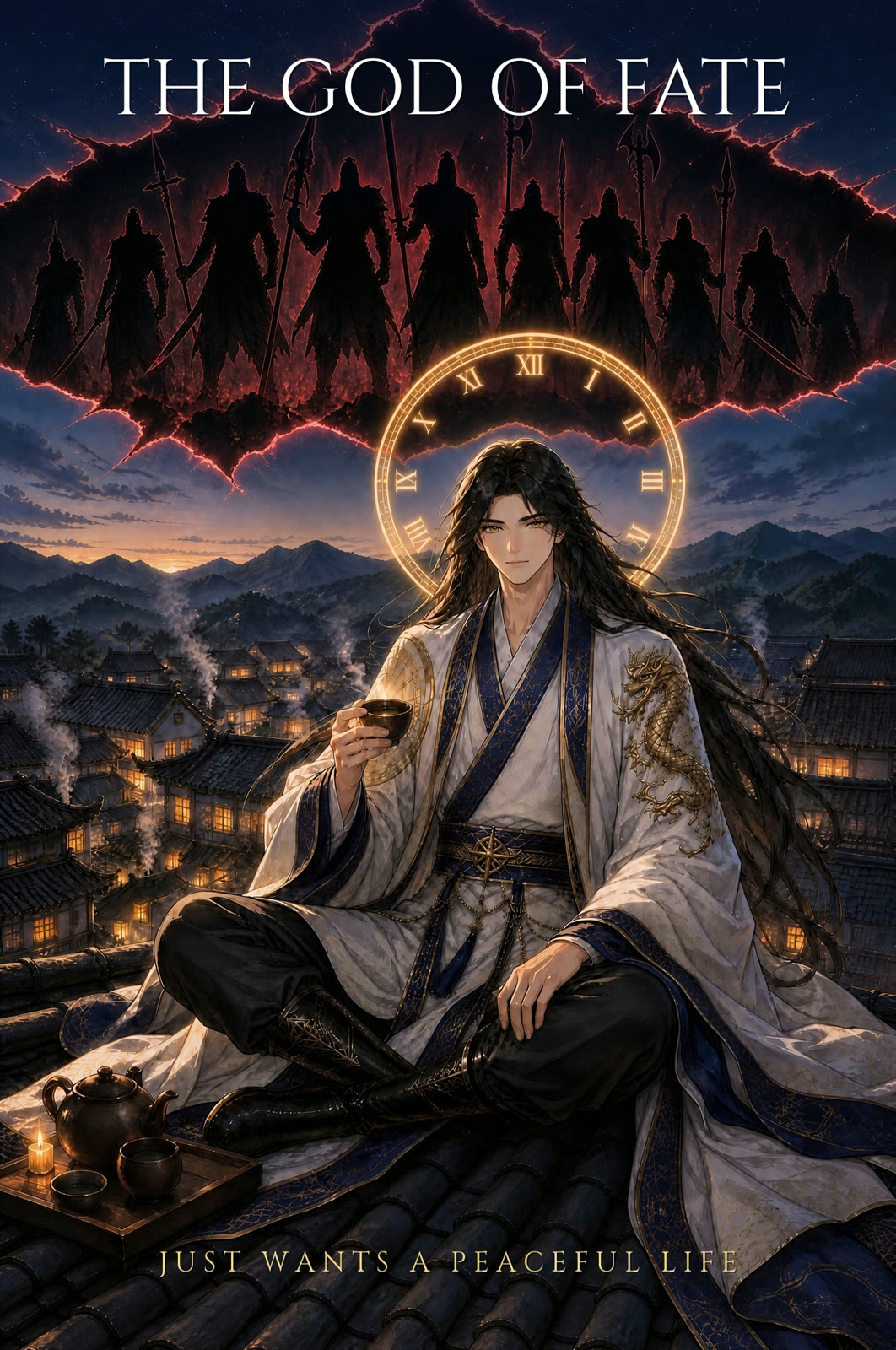 Cover — Shi Yin at rooftop tea, the rift with ten armed silhouettes tearing the sky above him