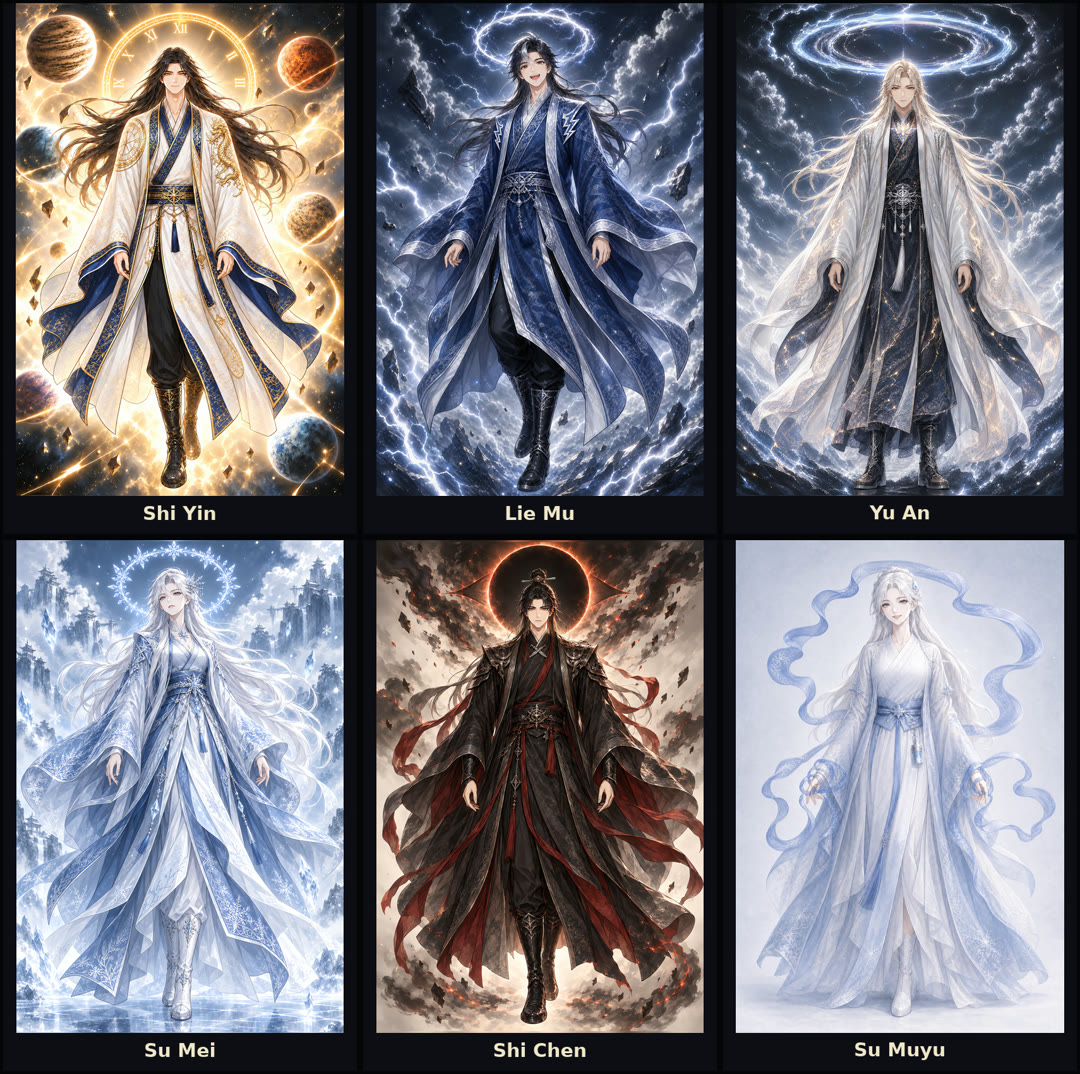 Cast lineup, group one — Shi Yin, Lie Mu, Yu An, Su Mei, Shi Chen, Su Muyu